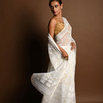 White and Gold Tant Jamdani Saree with All Over Jaal Work - Anvi Couture