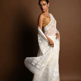 White and Gold Tant Jamdani Saree with All Over Jaal Work - Anvi Couture