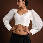 White Vintage Puff Sleeve Blouse with Sweetheart Neckline - Anvi Couture