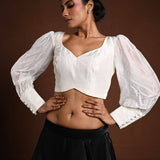 White Vintage Puff Sleeve Blouse with Sweetheart Neckline - Anvi Couture
