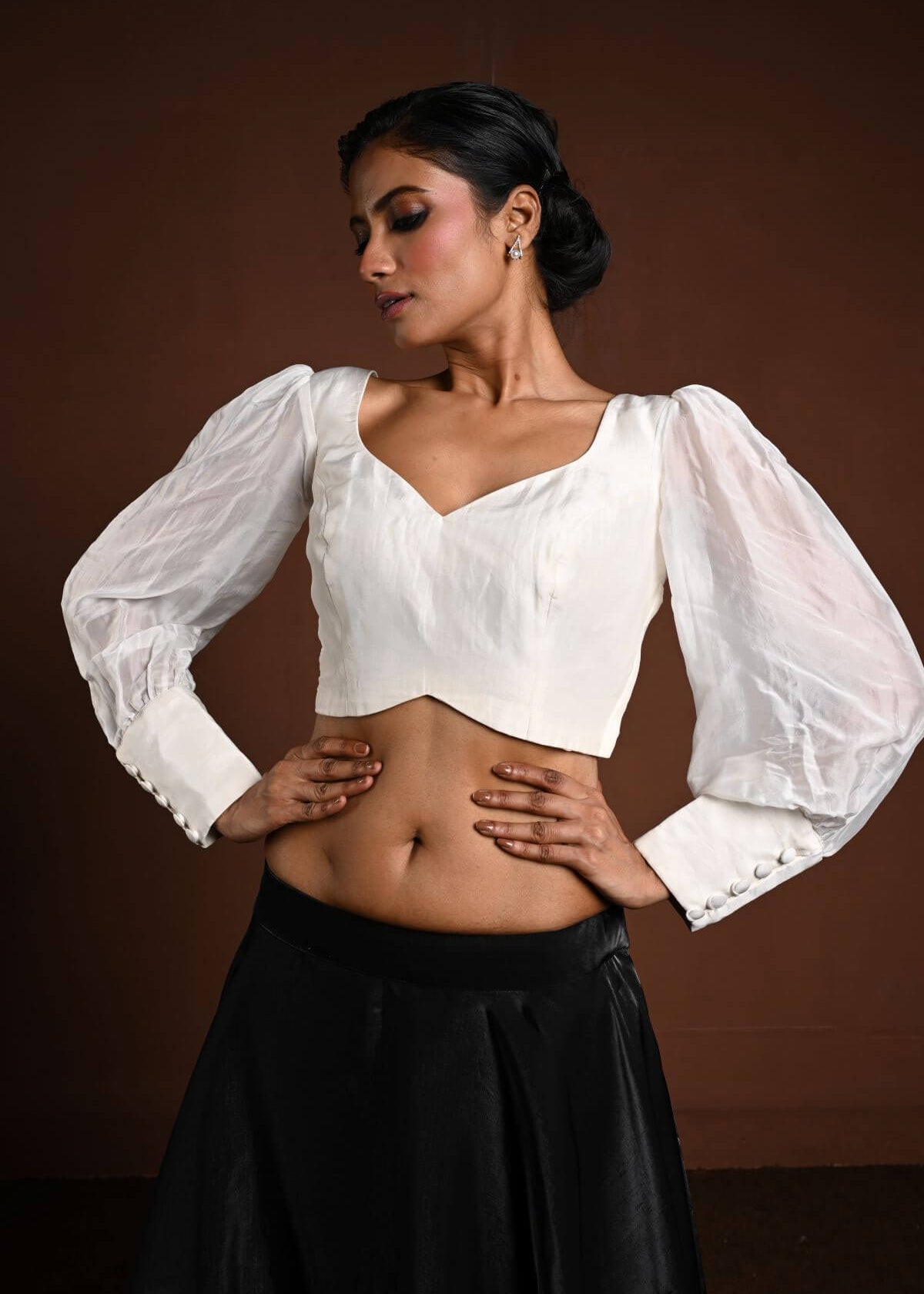 White Vintage Puff Sleeve Blouse with Sweetheart Neckline - Anvi Couture