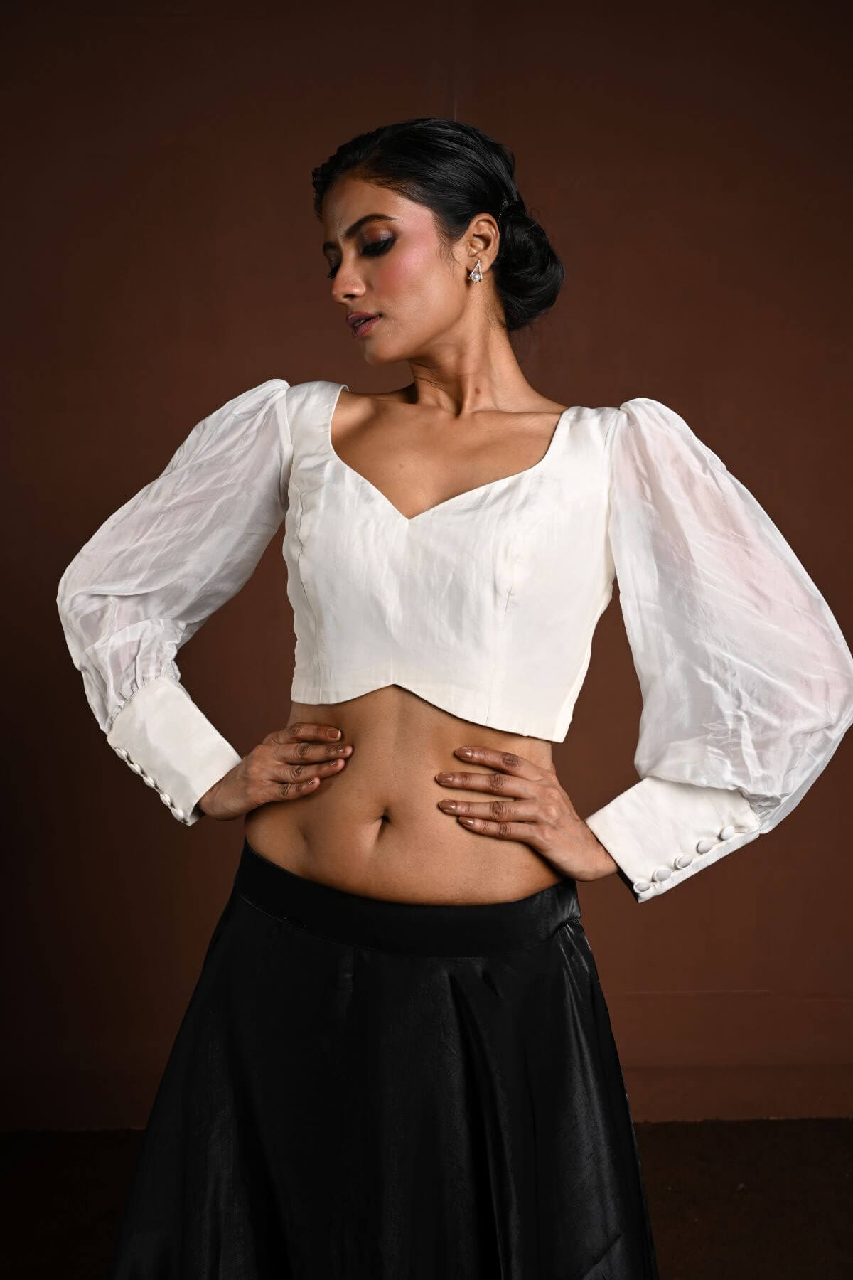 White Vintage Puff Sleeve Blouse with Sweetheart Neckline - Anvi Couture
