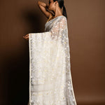 White and Gold Tant Jamdani Saree with All Over Jaal Work - Anvi Couture