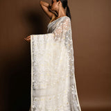 White and Gold Tant Jamdani Saree with All Over Jaal Work - Anvi Couture