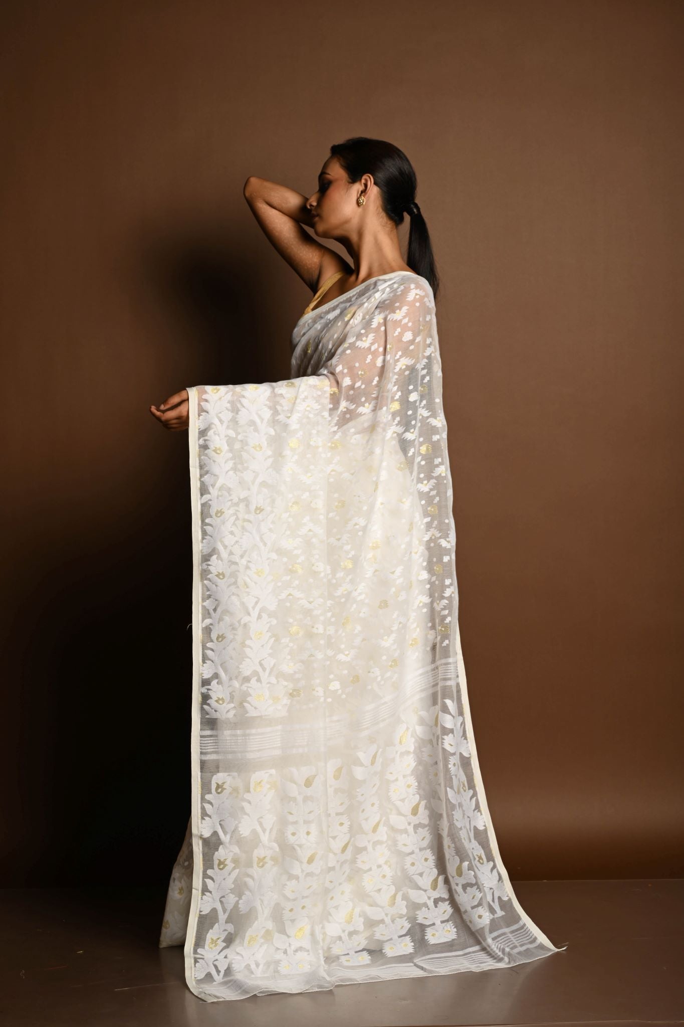 White and Gold Tant Jamdani Saree with All Over Jaal Work - Anvi Couture