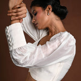White Vintage Puff Sleeve Blouse with Sweetheart Neckline - Anvi Couture