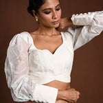 White Vintage Puff Sleeve Blouse with Sweetheart Neckline - Anvi Couture