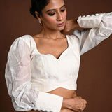 White Vintage Puff Sleeve Blouse with Sweetheart Neckline - Anvi Couture