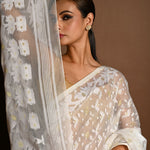 White and Gold Tant Jamdani Saree with All Over Jaal Work - Anvi Couture