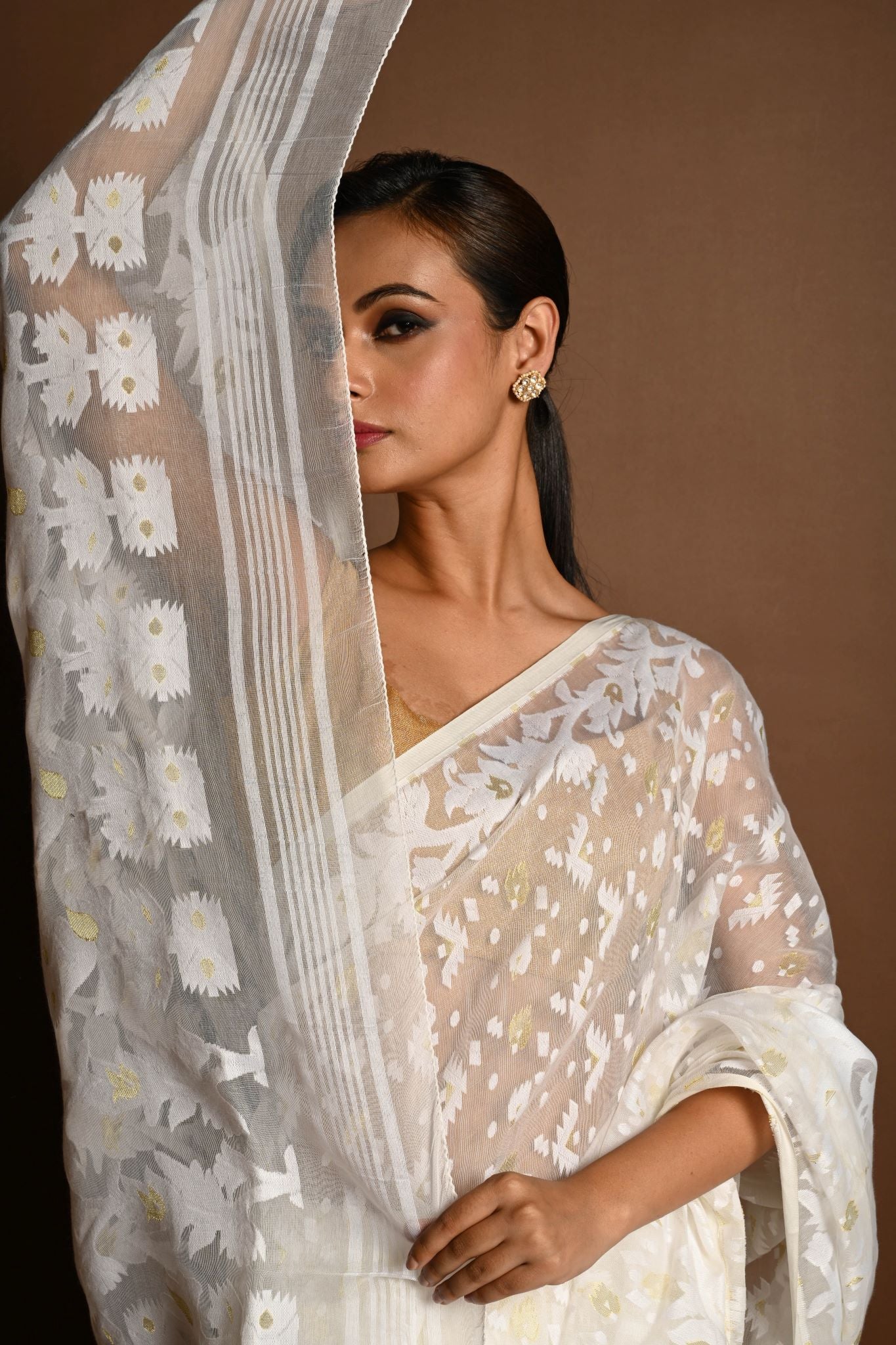 White and Gold Tant Jamdani Saree with All Over Jaal Work - Anvi Couture
