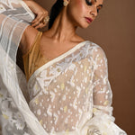 White and Gold Tant Jamdani Saree with All Over Jaal Work - Anvi Couture