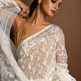 White and Gold Tant Jamdani Saree with All Over Jaal Work - Anvi Couture