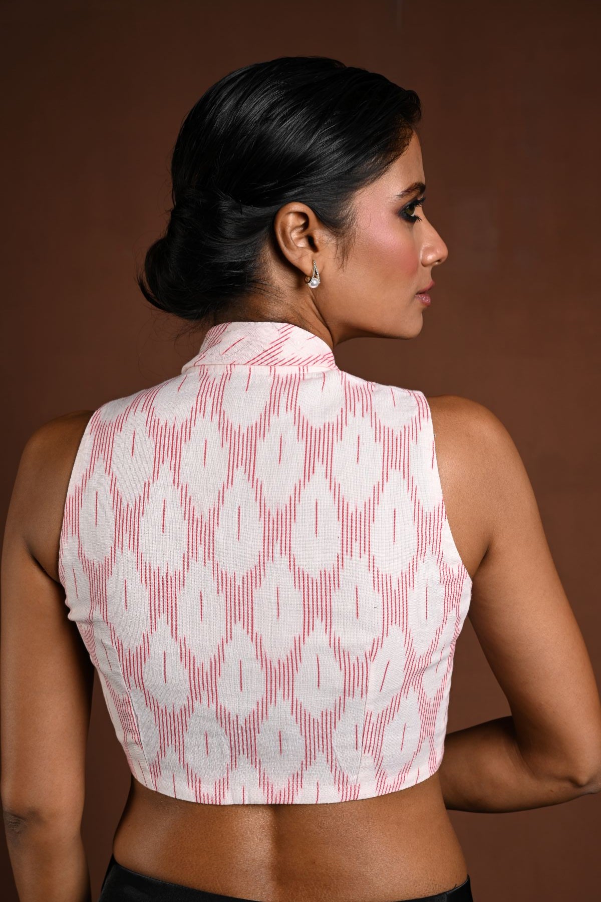 White Collar Blouse in Cotton with Red Detailing - Anvi Couture