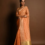 Peach Pink Chanderi Kota Silk Woven Saree With Unstitched Blouse Piece - Anvi Couture