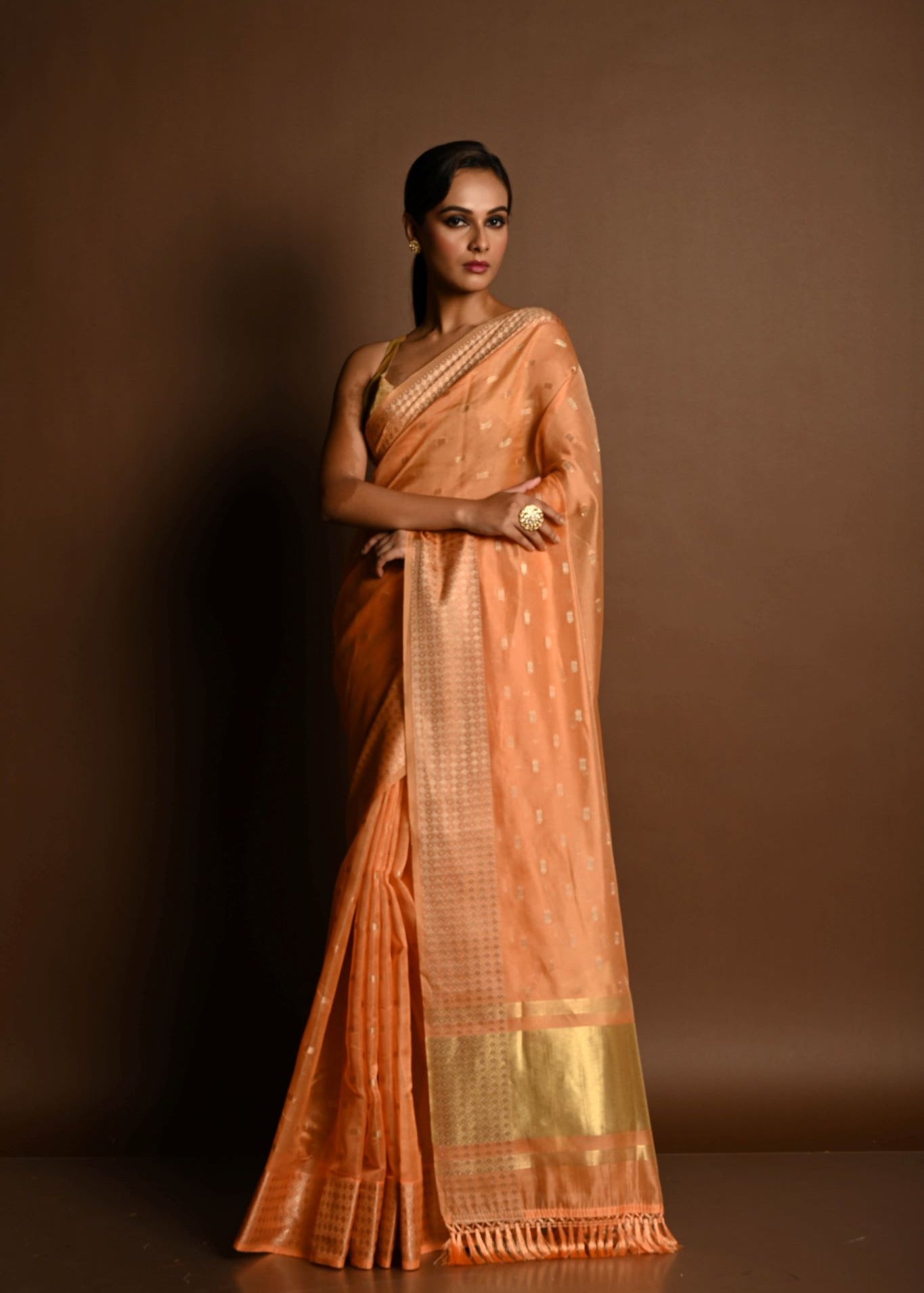 Peach Pink Chanderi Kota Silk Woven Saree With Unstitched Blouse Piece - Anvi Couture