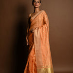 Peach Pink Chanderi Kota Silk Woven Saree With Unstitched Blouse Piece - Anvi Couture