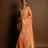 Peach Pink Chanderi Kota Silk Woven Saree With Unstitched Blouse Piece - Anvi Couture