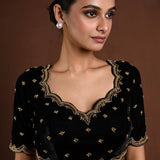 Black Velvet Hand Embroidered Aari Work Blouse with Sweetheart Neckline - Anvi Couture