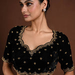 Black Velvet Hand Embroidered Aari Work Blouse with Sweetheart Neckline - Anvi Couture