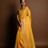 Yellow and Gold Chanderi Kota Silk Woven Saree With Unstitched Blouse Piece - Anvi Couture