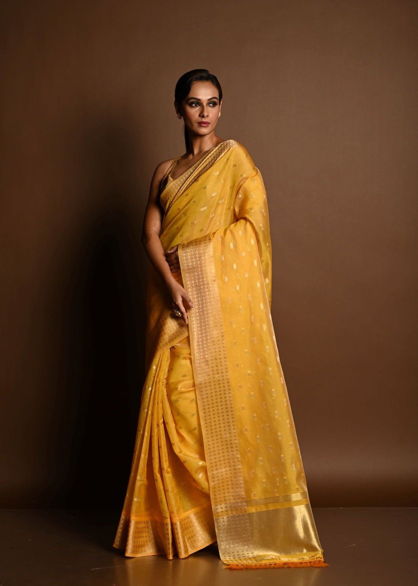 Yellow and Gold Chanderi Kota Silk Woven Saree With Unstitched Blouse Piece - Anvi Couture