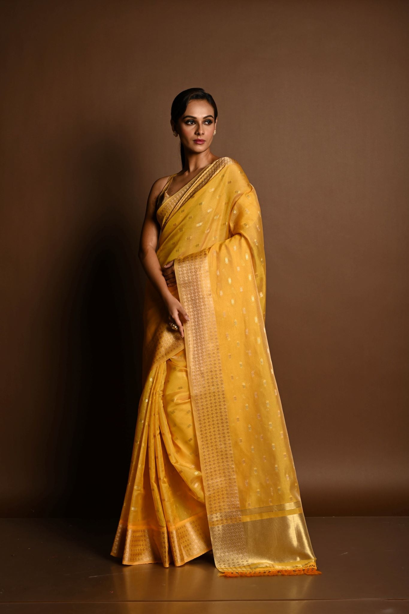 Yellow and Gold Chanderi Kota Silk Woven Saree With Unstitched Blouse Piece - Anvi Couture