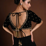 Black Velvet Hand Embroidered Aari Work Blouse with Sweetheart Neckline - Anvi Couture