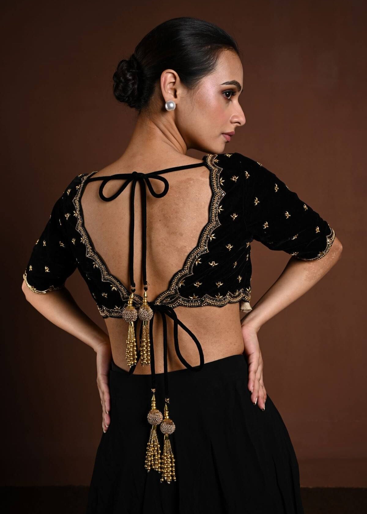 Black Velvet Hand Embroidered Aari Work Blouse with Sweetheart Neckline - Anvi Couture