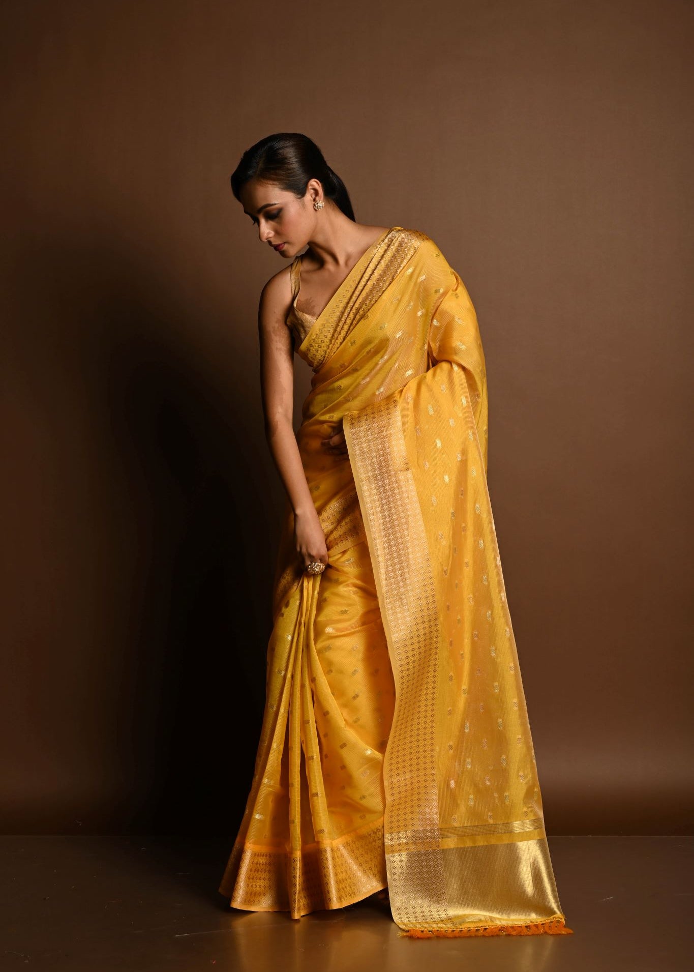 Yellow and Gold Chanderi Kota Silk Woven Saree With Unstitched Blouse Piece - Anvi Couture