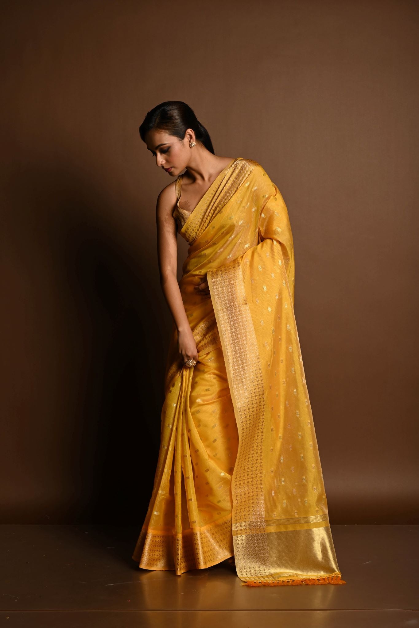 Yellow and Gold Chanderi Kota Silk Woven Saree With Unstitched Blouse Piece - Anvi Couture