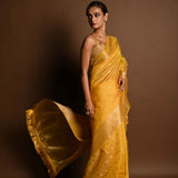 Yellow and Gold Chanderi Kota Silk Woven Saree With Unstitched Blouse Piece - Anvi Couture