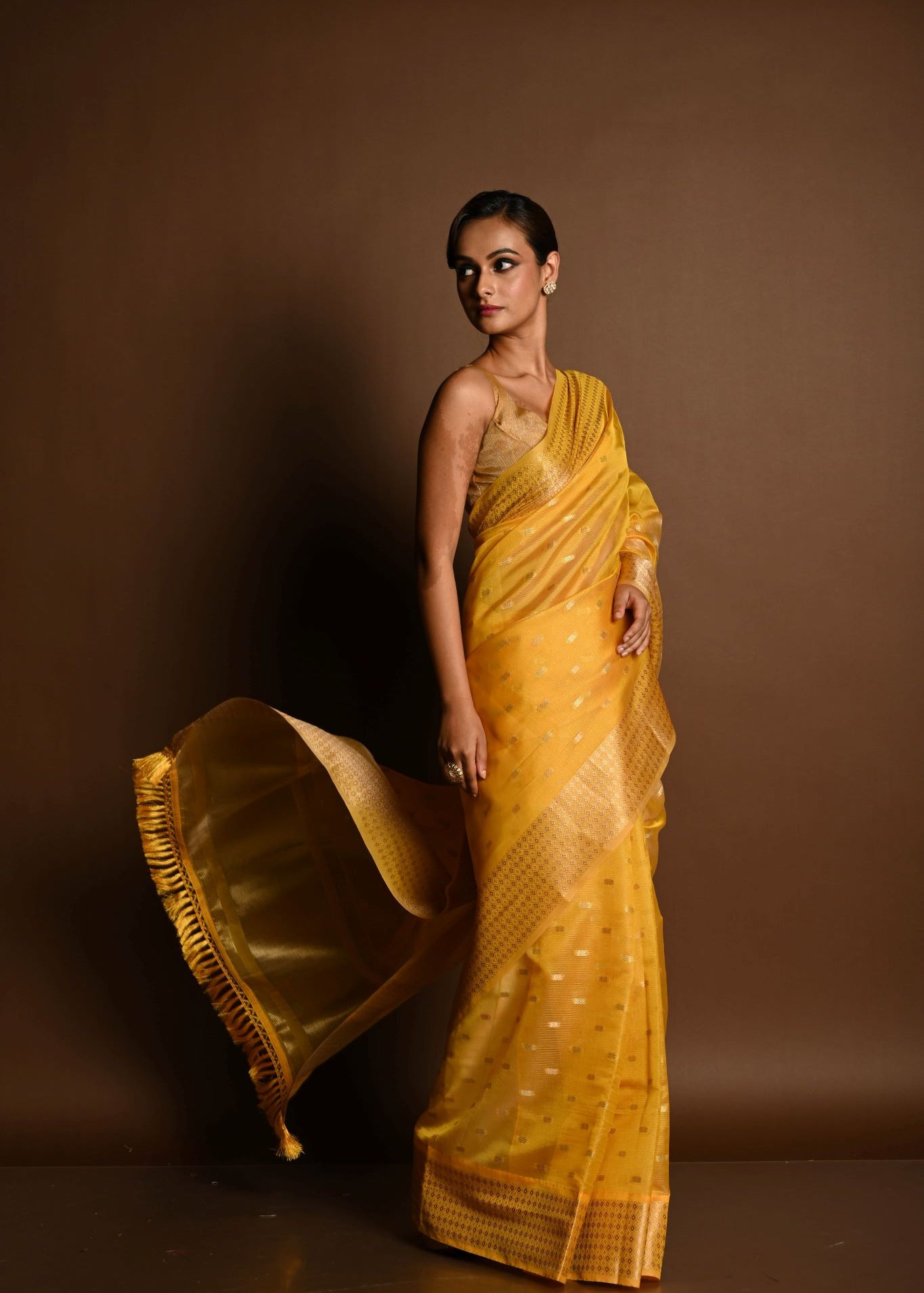 Yellow and Gold Chanderi Kota Silk Woven Saree With Unstitched Blouse Piece - Anvi Couture
