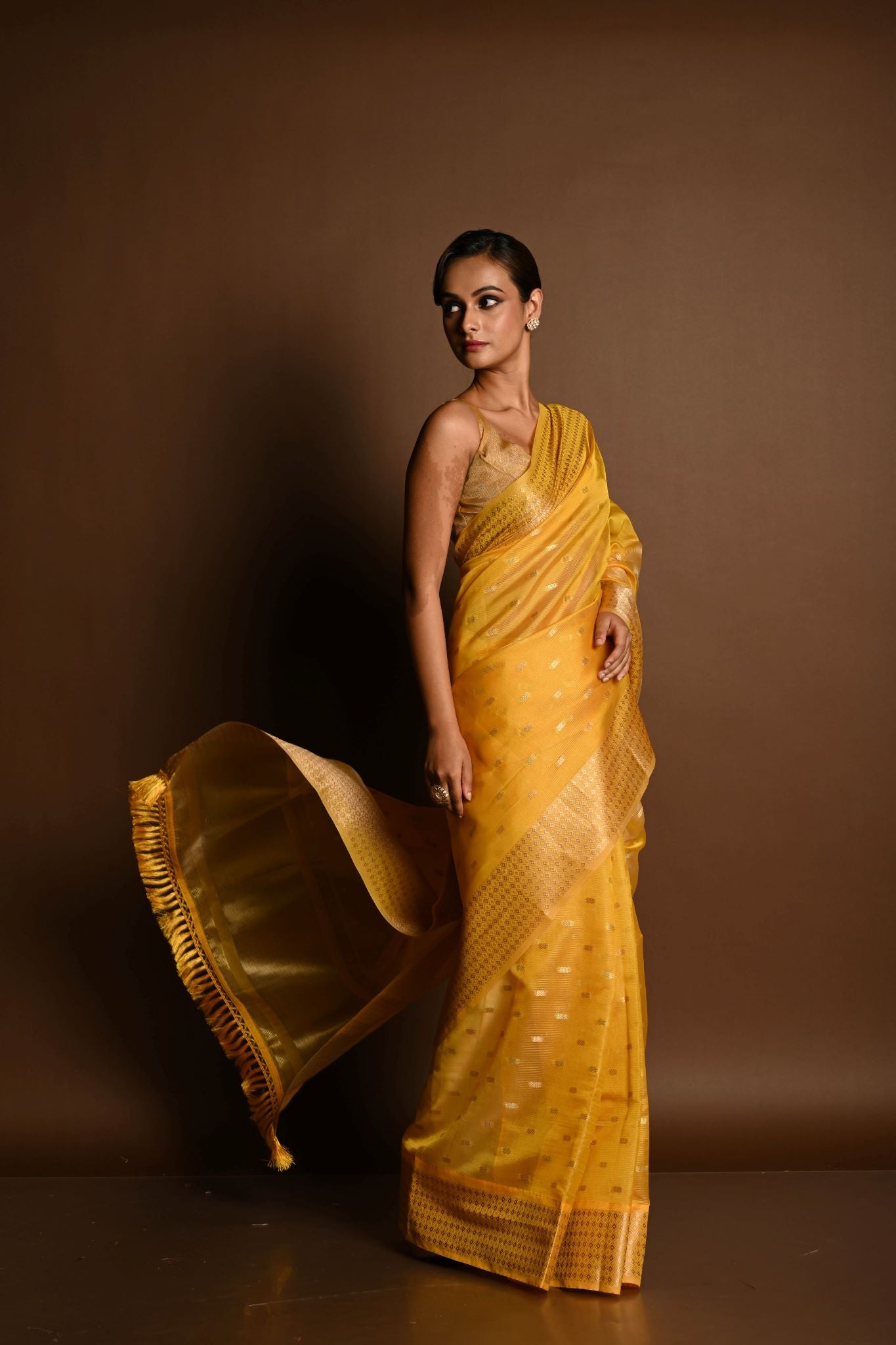 Yellow and Gold Chanderi Kota Silk Woven Saree With Unstitched Blouse Piece - Anvi Couture