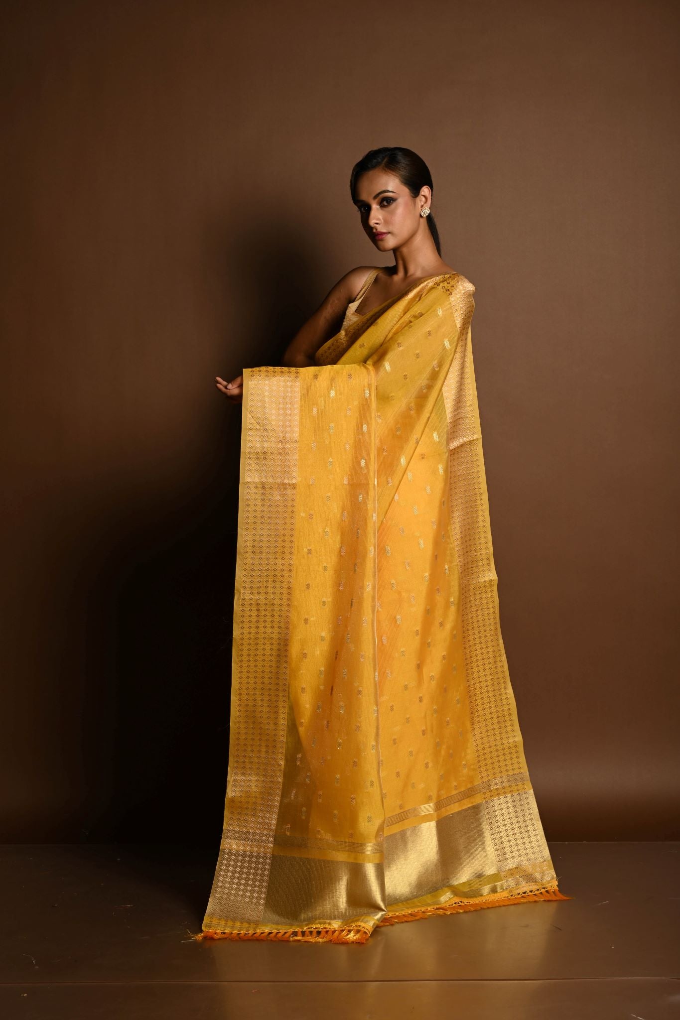 Yellow and Gold Chanderi Kota Silk Woven Saree With Unstitched Blouse Piece - Anvi Couture