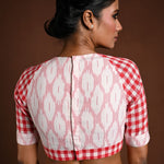 White Half Sleeve Blouse in Cotton with Red Check Detailing - Anvi Couture