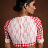 White Half Sleeve Blouse in Cotton with Red Check Detailing - Anvi Couture