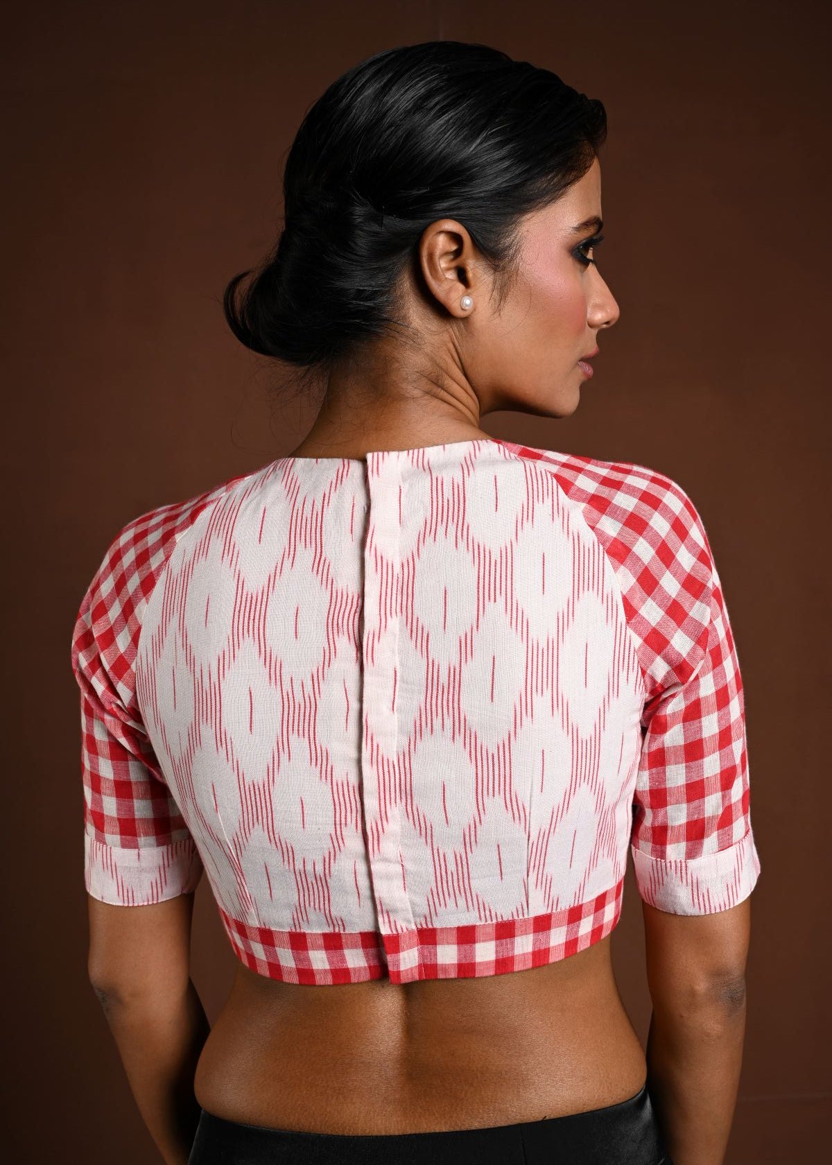 White Half Sleeve Blouse in Cotton with Red Check Detailing - Anvi Couture