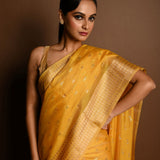 Yellow and Gold Chanderi Kota Silk Woven Saree With Unstitched Blouse Piece - Anvi Couture