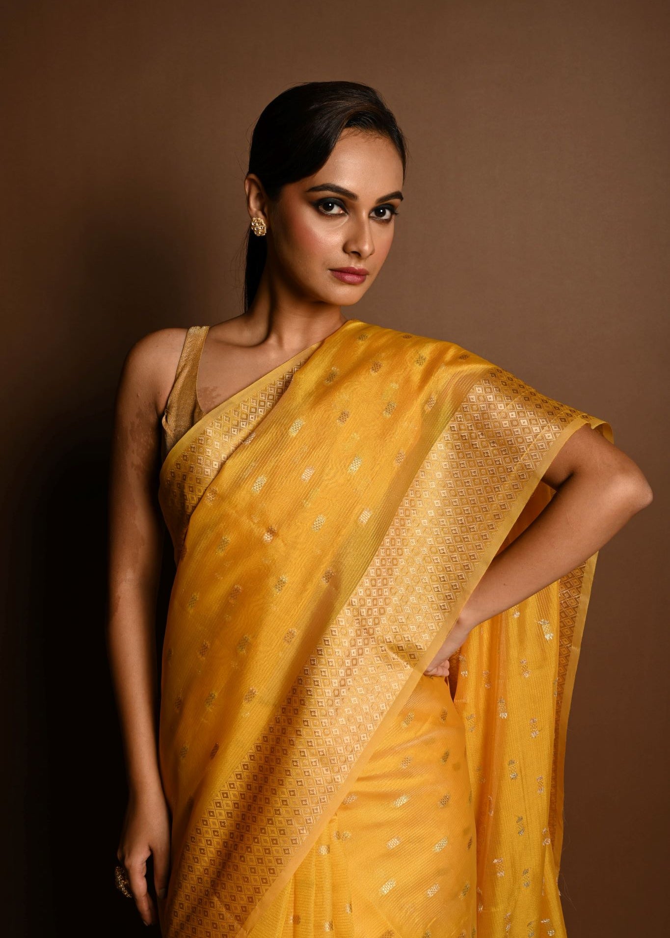 Yellow and Gold Chanderi Kota Silk Woven Saree With Unstitched Blouse Piece - Anvi Couture