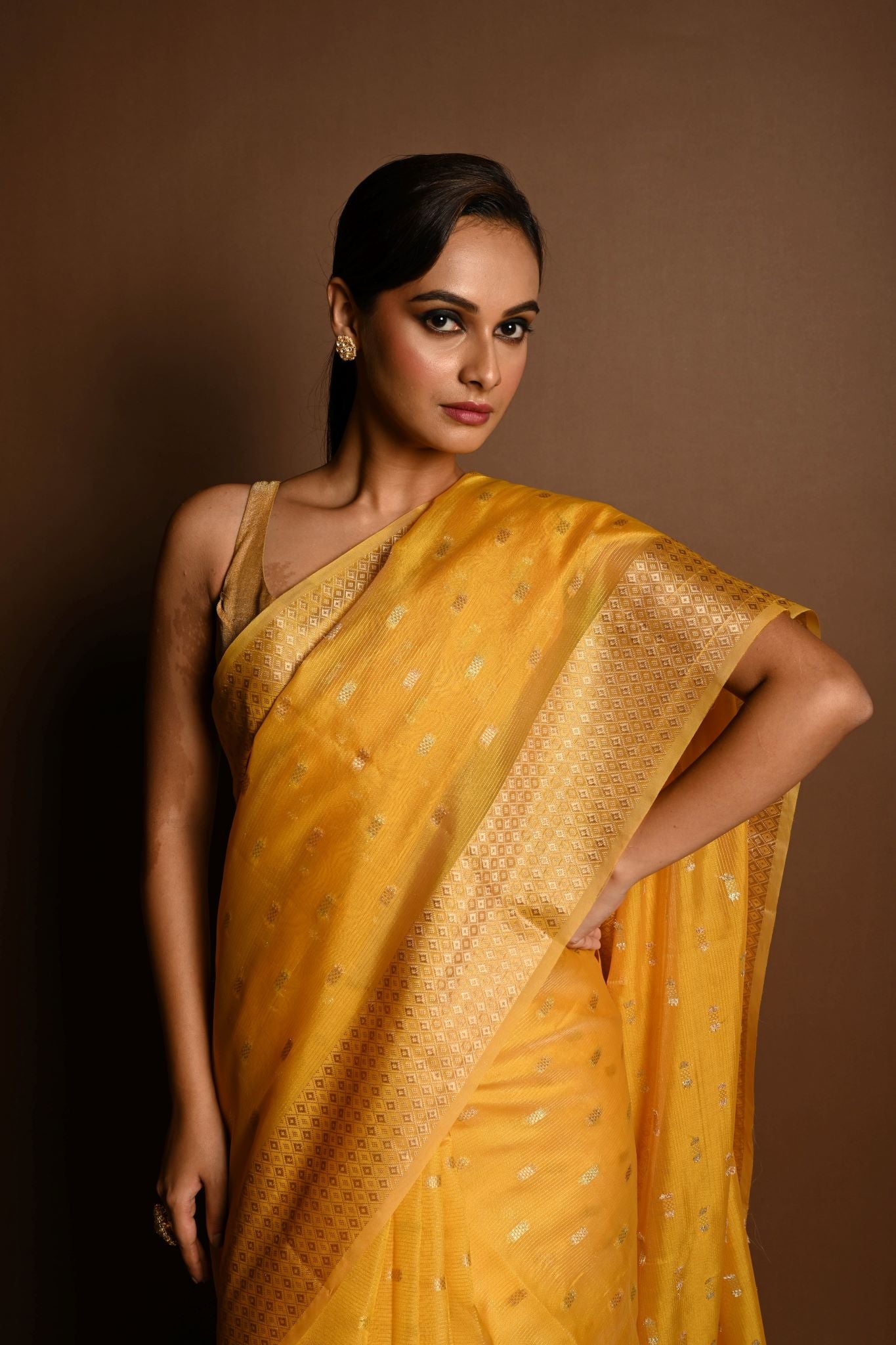 Yellow and Gold Chanderi Kota Silk Woven Saree With Unstitched Blouse Piece - Anvi Couture