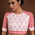White Half Sleeve Blouse in Cotton with Red Check Detailing - Anvi Couture