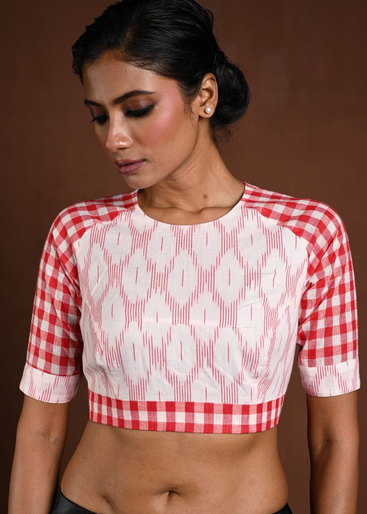 White Half Sleeve Blouse in Cotton with Red Check Detailing - Anvi Couture