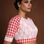 White Half Sleeve Blouse in Cotton with Red Check Detailing - Anvi Couture