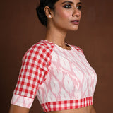 White Half Sleeve Blouse in Cotton with Red Check Detailing - Anvi Couture