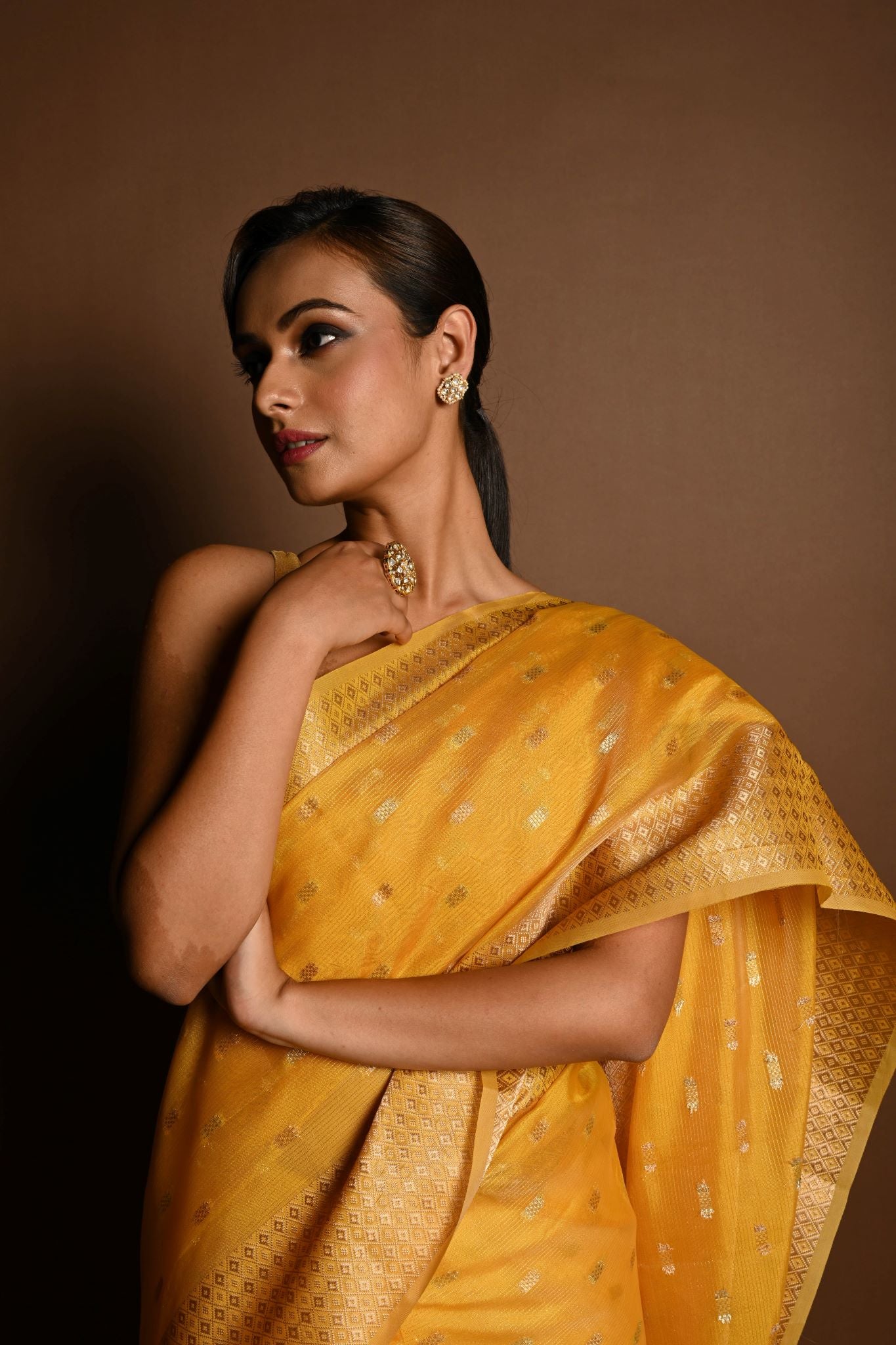 Yellow and Gold Chanderi Kota Silk Woven Saree With Unstitched Blouse Piece - Anvi Couture