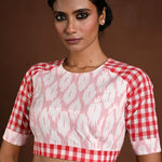White Half Sleeve Blouse in Cotton with Red Check Detailing - Anvi Couture