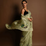 Olive Green Crepe Silk Saree with Floral Prints and Embroidered stonework and Cutdana Border - Anvi Couture