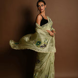 Olive Green Crepe Silk Saree with Floral Prints and Embroidered stonework and Cutdana Border - Anvi Couture