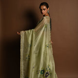 Olive Green Crepe Silk Saree with Floral Prints and Embroidered stonework and Cutdana Border - Anvi Couture