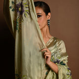 Olive Green Crepe Silk Saree with Floral Prints and Embroidered stonework and Cutdana Border - Anvi Couture